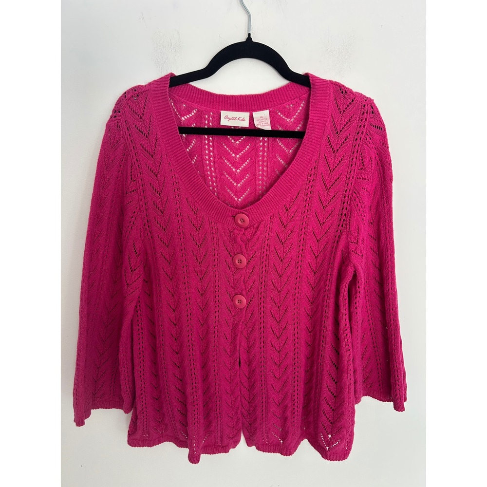 Crystal Kobe Womens XL Hot Pink Pointelle Knit 100% Cotton Cardigan Sweater